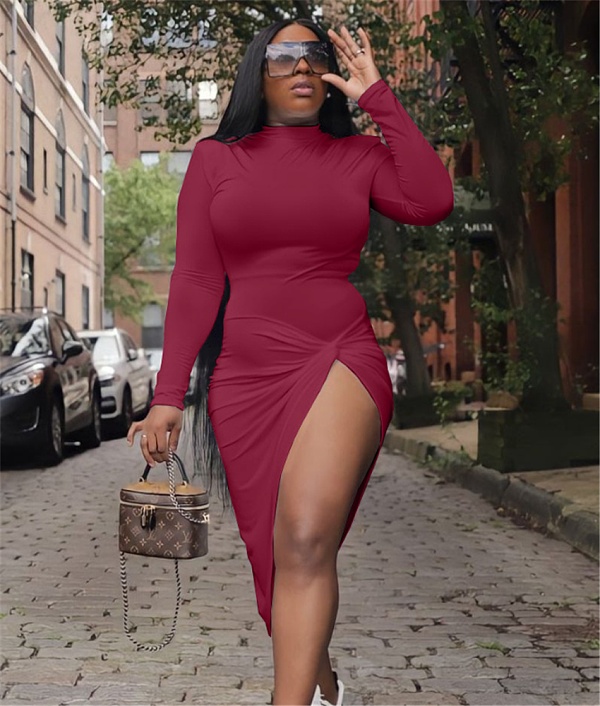 High Waist Long Sleeve Irregular Front Slit Dress XMY-9377