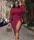 High Waist Long Sleeve Irregular Front Slit Dress XMY-9377