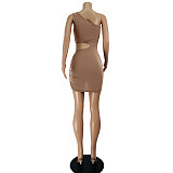 One Shoulder Sleeveless Hollow Out Drawstring Dress JZH-8102