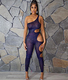 Sexy Slant Shoulder Mesh See Through Skinny Jumpsuits JZH-8112