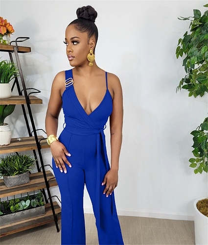 Deep V Neck with Sashes Elegant Wide Leg Jumpsuits WY-6898