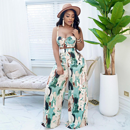 Tie Dye Printed Crop Top & Wide Leg Loose Pants Set JZH-8113