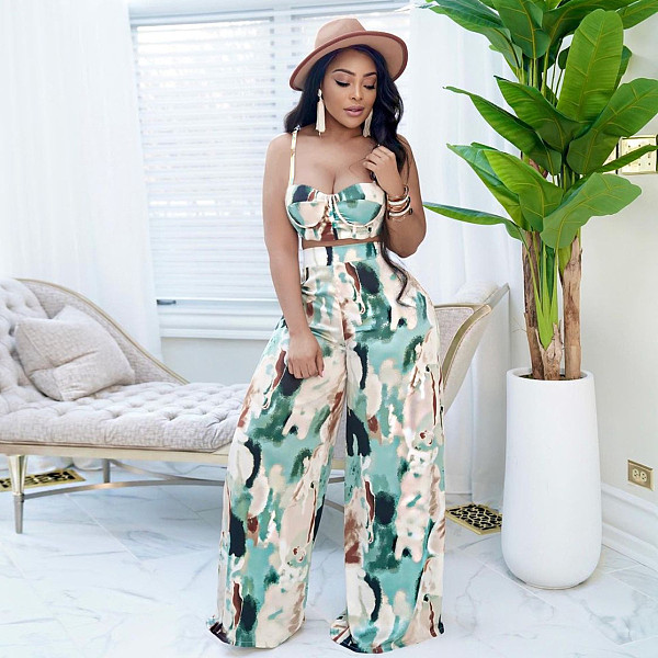 Tie Dye Printed Crop Top & Wide Leg Loose Pants Set JZH-8113