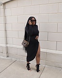 High Waist Long Sleeve Irregular Front Slit Dress XMY-9377