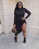 High Waist Long Sleeve Irregular Front Slit Dress XMY-9377