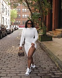 High Waist Long Sleeve Irregular Front Slit Dress XMY-9377