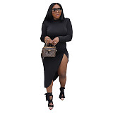 High Waist Long Sleeve Irregular Front Slit Dress XMY-9377