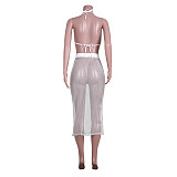 Sheer Mesh Halter Bra Bodycon Skirts Sexy 2 Piece Sets JZH-8047