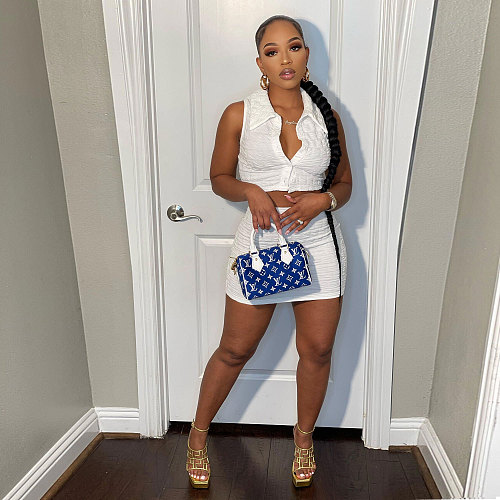 Buttons Tanks Crop Top Mini Skirt Set 2 Pieces NY-9027