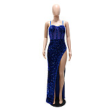 Sexy Mesh Patchwork Sequined High Split Maxi Dress BY-5843
