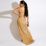 Sexy Mesh Patchwork Sequined High Split Maxi Dress BY-5843
