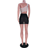 Sheer Mesh Patchwork Skew Collar Party Dresses JZH-8052