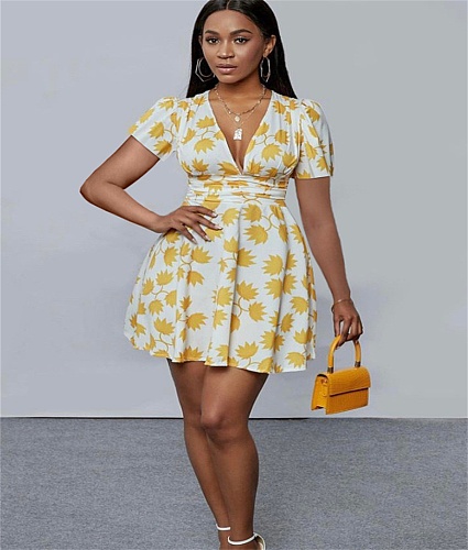 Women Casual V Neck Short Sleeve A Line Mini Dress JZH-8105