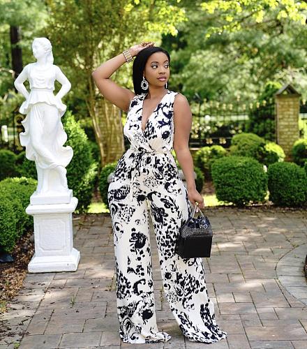 Deep V Neck Print Sleeveless Wide Leg Jumpsuit JZH-8066