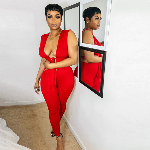 Deep V Neck Lace Up Bodycon Sexy Jumpsuits YNS-1842