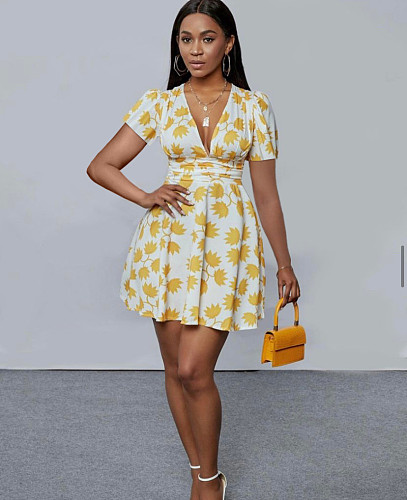 Women Casual V Neck Short Sleeve A Line Mini Dress JZH-8105