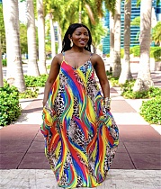 Loose Print Spaghetti Strap with Pocket Maxi Dress JZH-8049