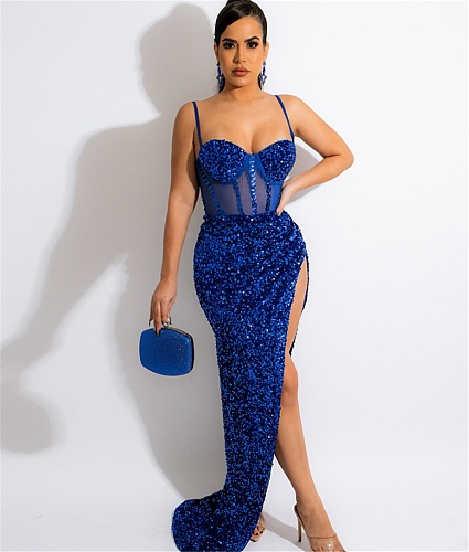 Sexy Mesh Patchwork Sequined High Split Maxi Dress BY-5843