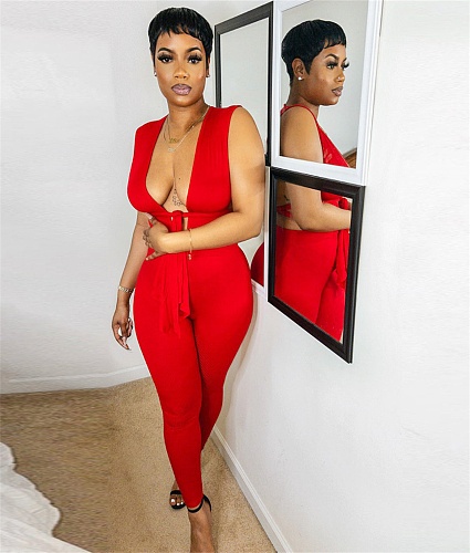 Deep V Neck Lace Up Bodycon Sexy Jumpsuits YNS-1842