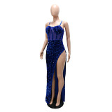 Sexy Mesh Patchwork Sequined High Split Maxi Dress BY-5843