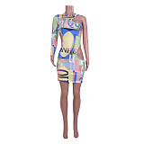 Single Shoulder Hollow Out Letter Print Sexy Dresses JZH-8035