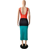V Neck Color Block Bodycon Backless Skinny Dresses YNS-16803