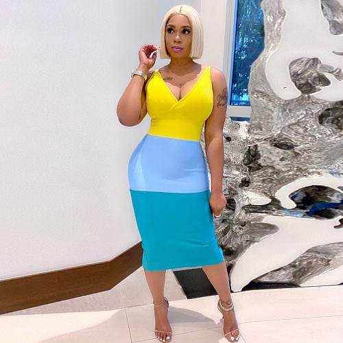 V Neck Color Block Bodycon Backless Skinny Dresses YNS-16803