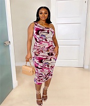 Aesthetic Print Skew Collar Sleeveless Ruched Dresses JZH-8042