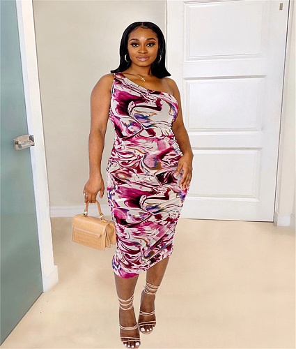 Aesthetic Print Skew Collar Sleeveless Ruched Dresses JZH-8042