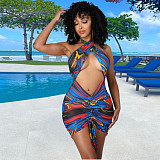 Cross Halter Backless Drawstring Ruched Sexy Dress YNS-16801
