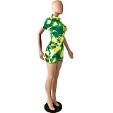 Short Sleeve Printed Front Zipper Bodycon Rompers YNS-1651