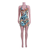 Sexy Printed Sleeveless Drawstring Ruched Bodycon Dress JZH-8031