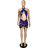 Cross Halter Backless Drawstring Ruched Sexy Dress YNS-16801