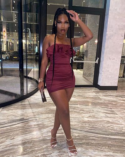 Ruffle Off Shoulder Strapless Bodycon Ruched Dress YNS-1638