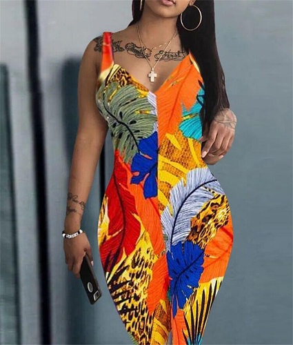 Tropical Print Sleeveless V Neck Slim Pencil Dresses ZAND-31220