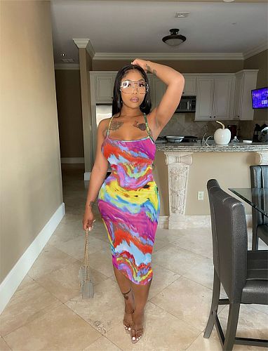 Tie Dye Spaghetti Strap Backless High Waist Sexy Dress YNS-1646