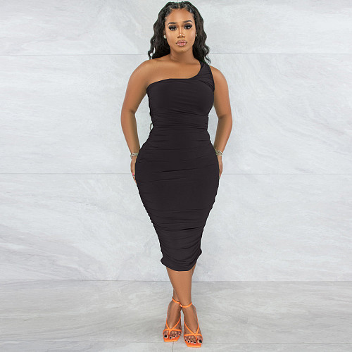 Skew Collar Sleeveless Ruched Bodycon Dresses YNS-1822
