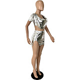 Bronzing Short Sleeve Crop Tops Sexy Skirts 2 Piece Set YNS-1801