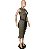 Color Block Patchwork Sleeveless Zipper Pencil Dress YNS-1695