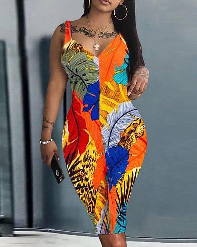 Tropical Print Sleeveless V Neck Slim Pencil Dresses ZAND-31220