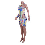 Single Shoulder Hollow Out Letter Print Sexy Dresses JZH-8035