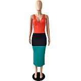 V Neck Color Block Bodycon Backless Skinny Dresses YNS-16803