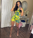Short Sleeve Printed Front Zipper Bodycon Rompers YNS-1651