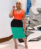 V Neck Color Block Bodycon Backless Skinny Dresses YNS-16803