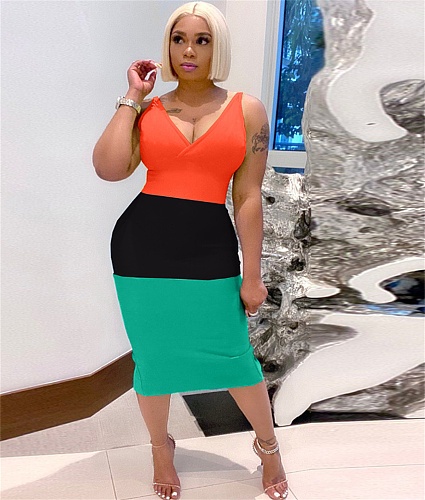 V Neck Color Block Bodycon Backless Skinny Dresses YNS-16803