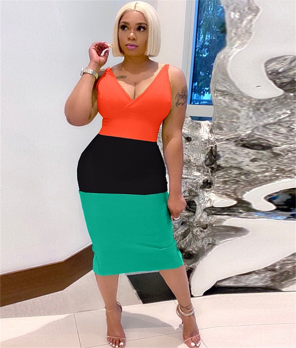 V Neck Color Block Bodycon Backless Skinny Dresses YNS-16803