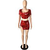 Bronzing Short Sleeve Crop Tops Sexy Skirts 2 Piece Set YNS-1801