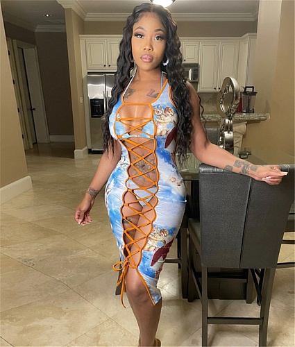Angel Print Sleeveless Hollow Out Bandage Sexy Dress YNS-16805