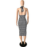 Houndstooth Print Halter Hollow Out Party Dresses YNS-1697