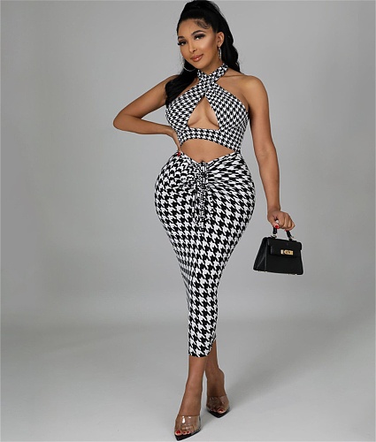 Houndstooth Print Halter Hollow Out Party Dresses YNS-1697